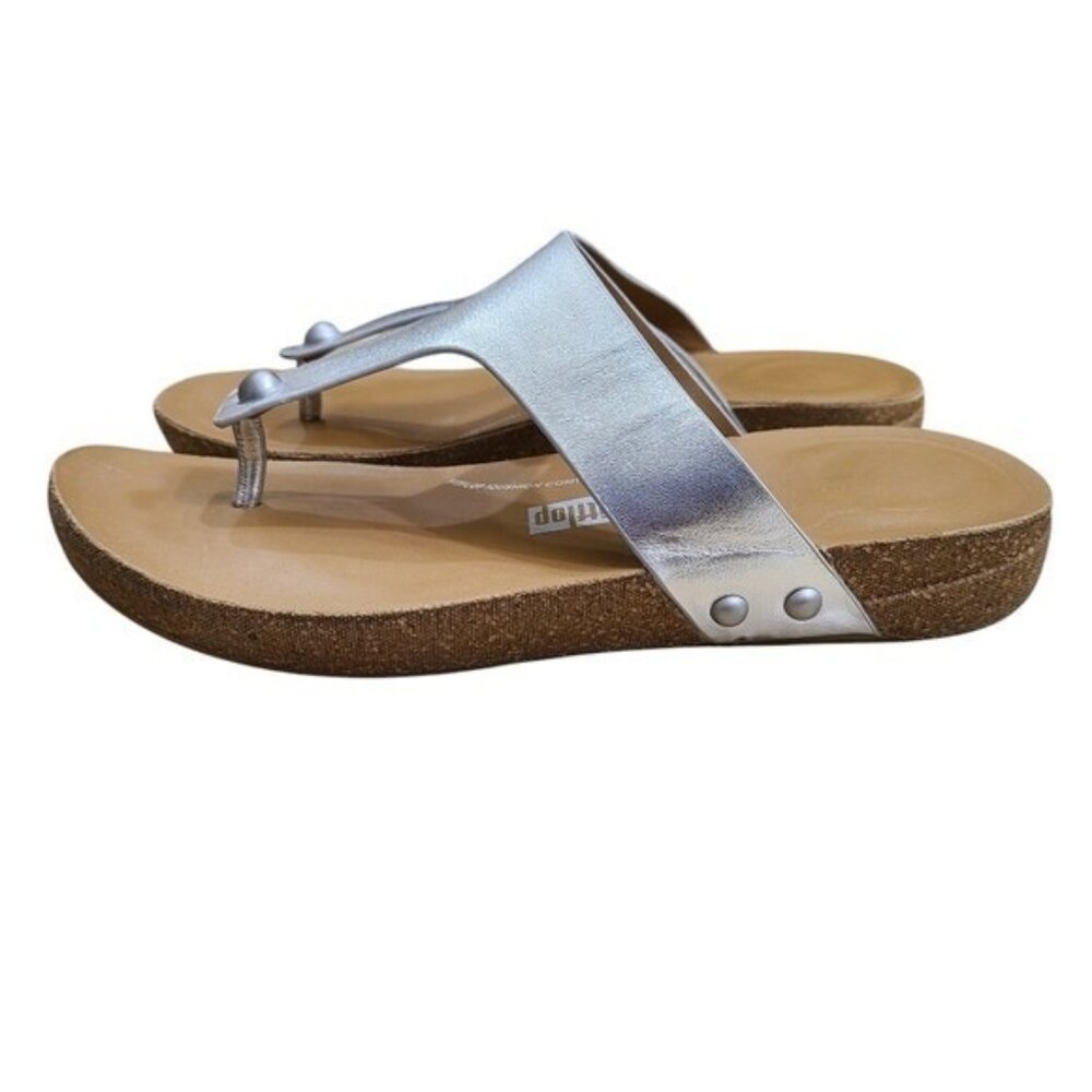 FitFlop Metallic Silver Leather  Thong Sandals Shoes Size 6